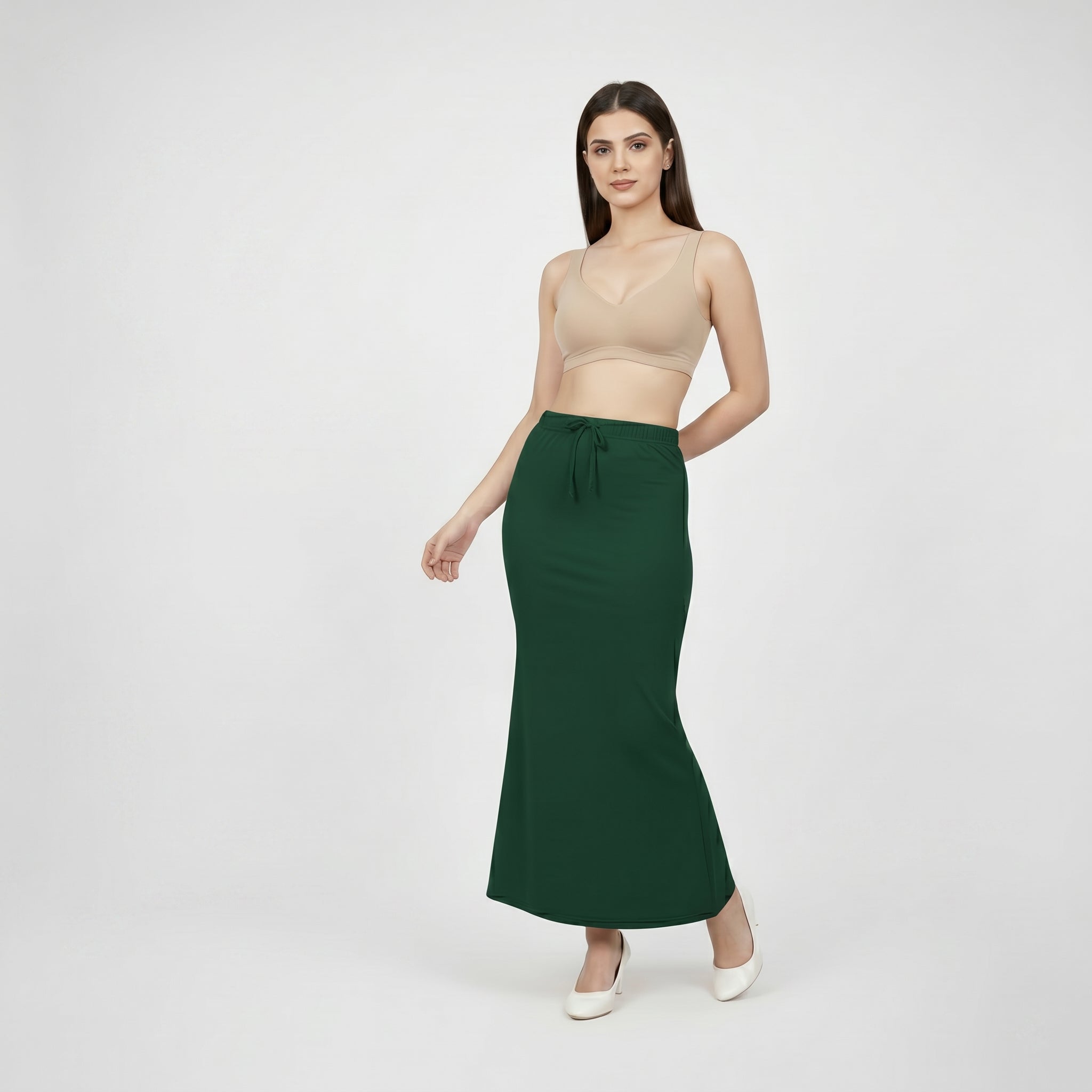 Premium Women’s Saree Petticoat Mermaid Fit Shapewear with Drawstring (Green)