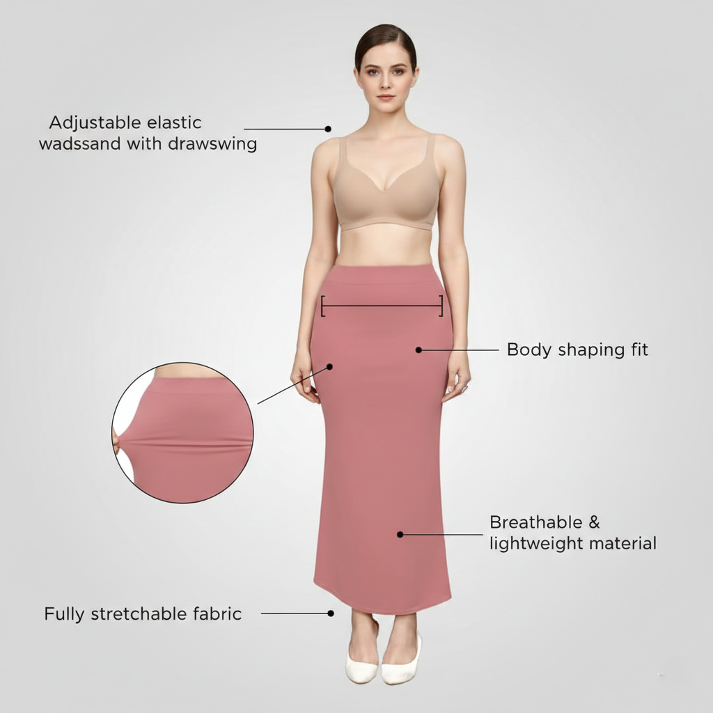 Premium Women’s Saree Petticoat Mermaid Fit Shapewear with Drawstring (Peach)