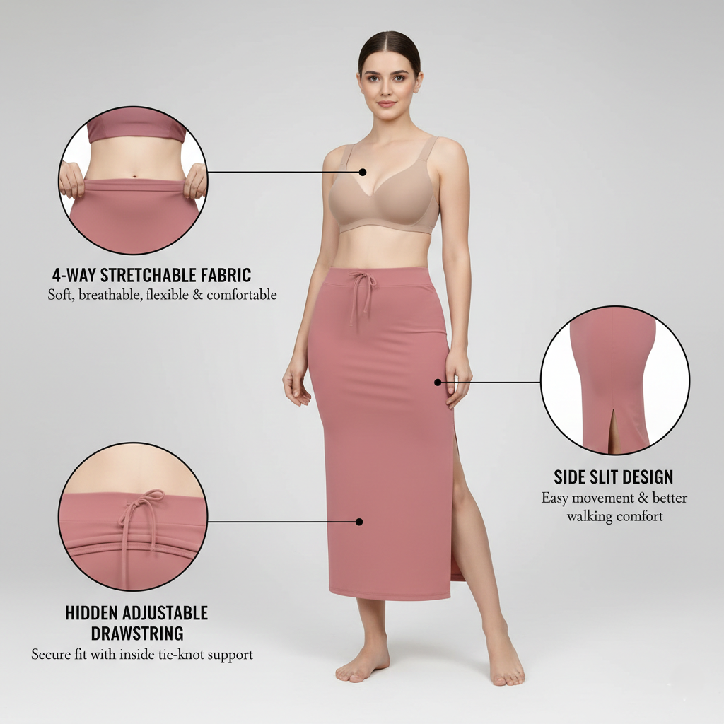 Premium Women’s Saree Petticoat Mermaid Fit Shapewear with Drawstring (Peach)