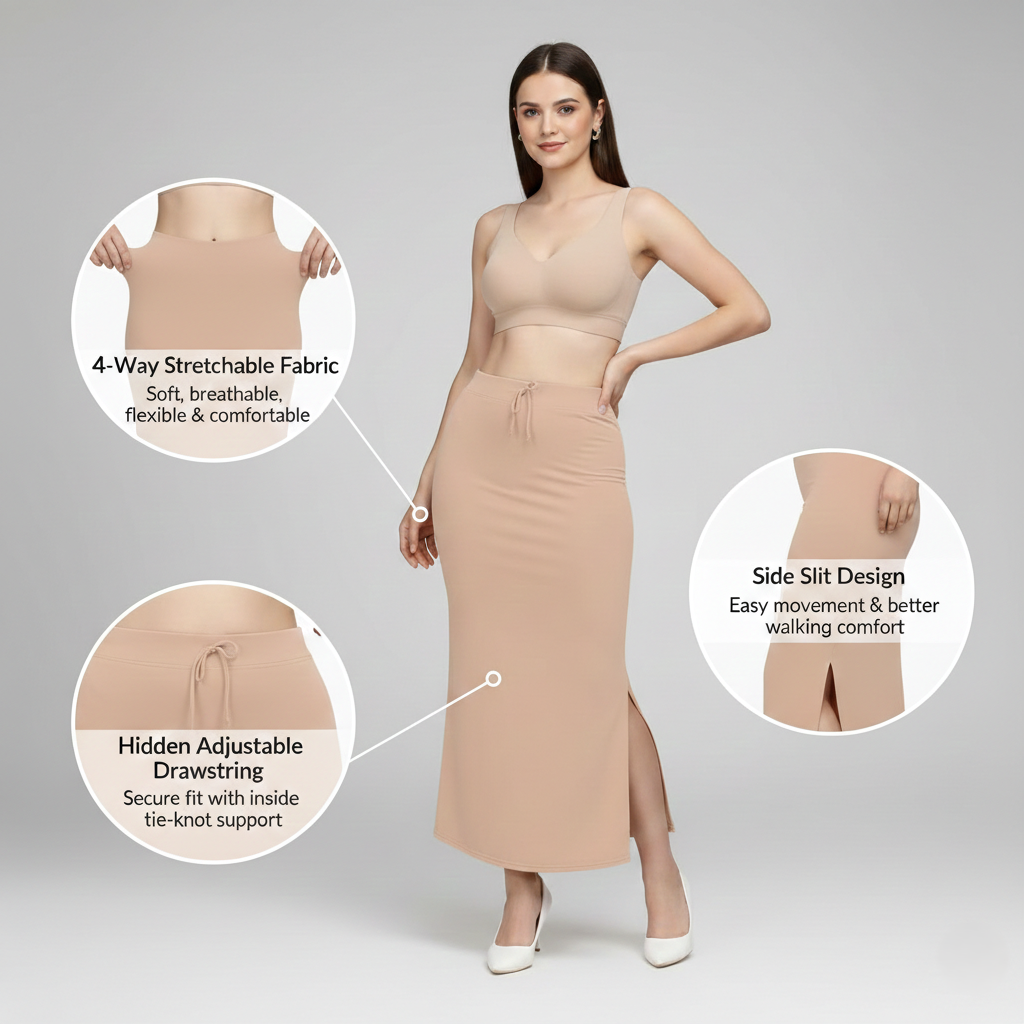 Premium Women’s Saree Petticoat Mermaid Fit Shapewear with Drawstring (Cream)