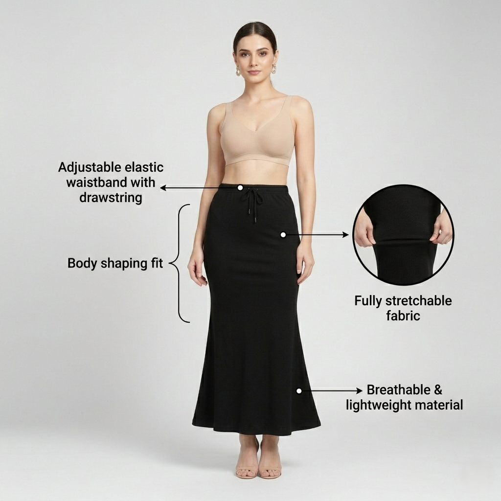 Premium Women’s Saree Petticoat Mermaid Fit Shapewear with Drawstring (Black)