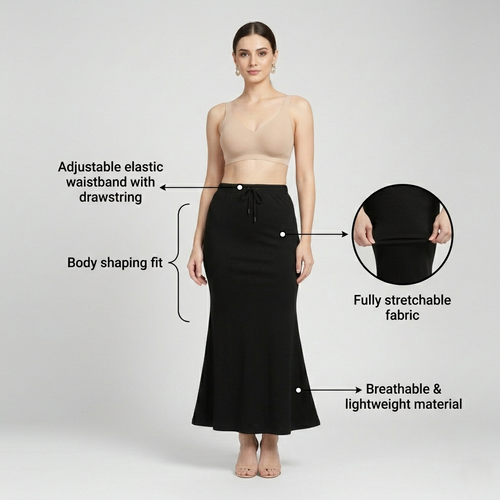 Premium Women’s Saree Petticoat Mermaid Fit Shapewear with Drawstring (Black)