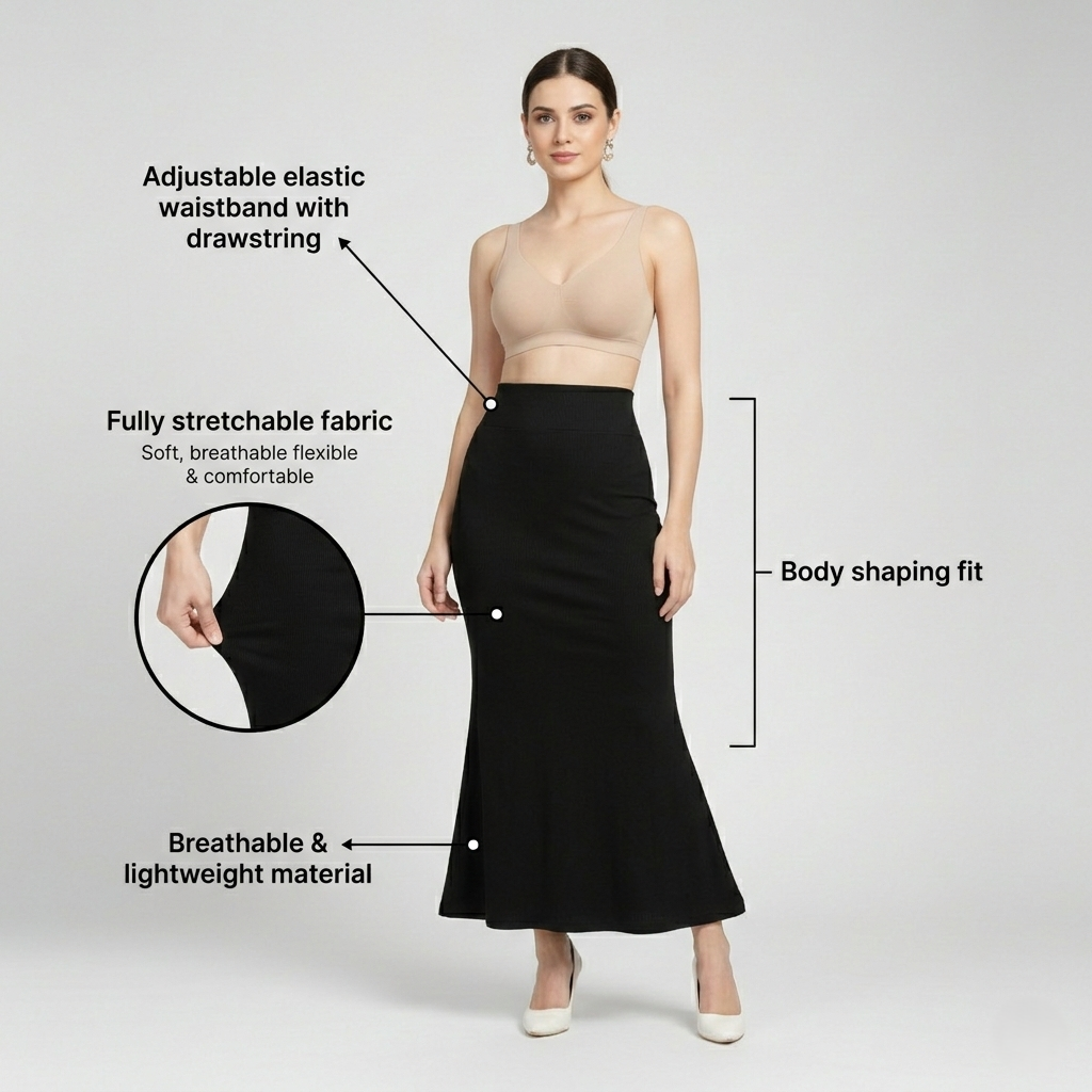 Premium Women’s Saree Petticoat Mermaid Fit Shapewear with Drawstring (Black)