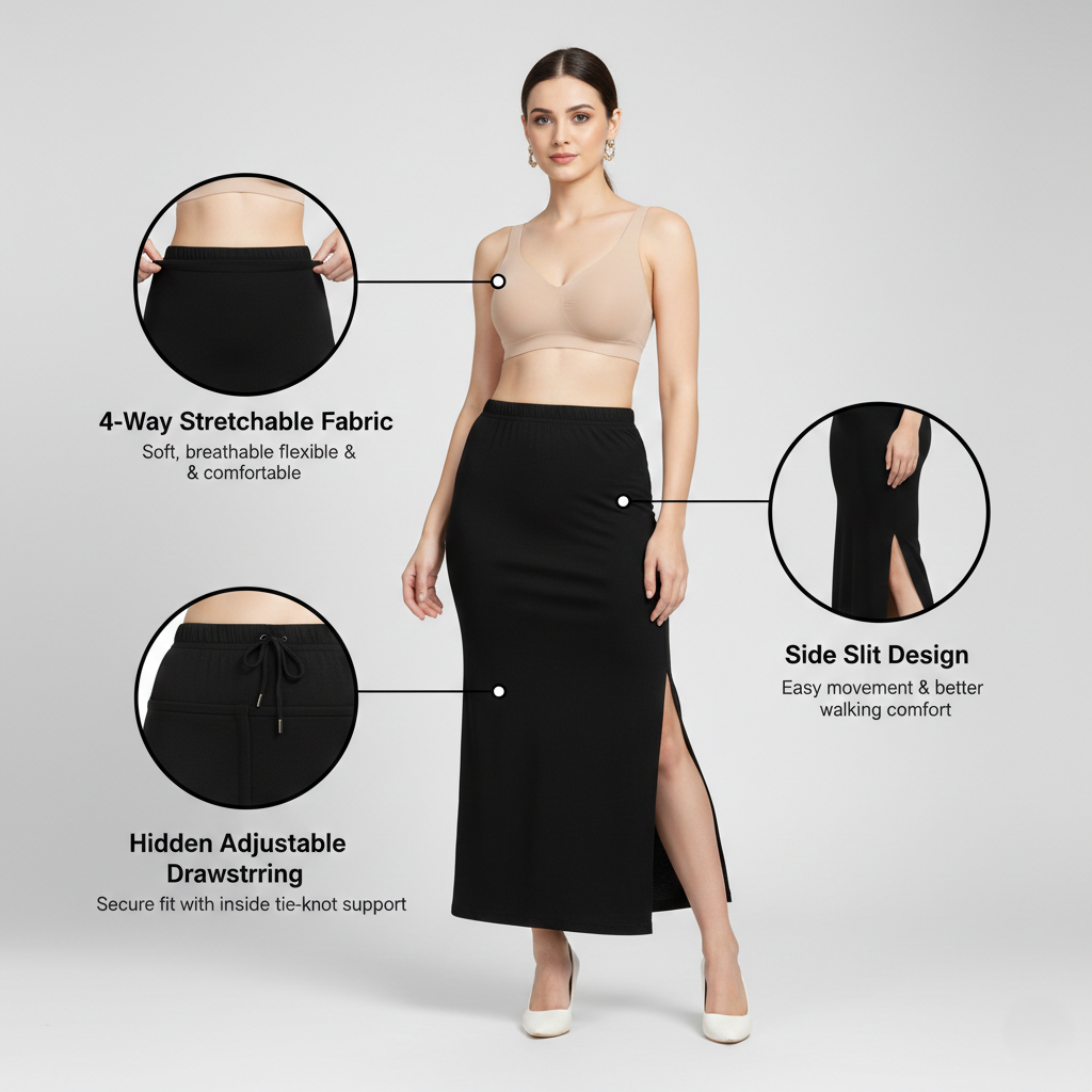 Premium Women’s Saree Petticoat Mermaid Fit Shapewear with Drawstring (Black)