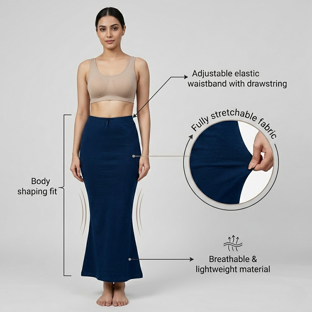 Premium Women’s Saree Petticoat Mermaid Fit Shapewear with Drawstring (Blue)