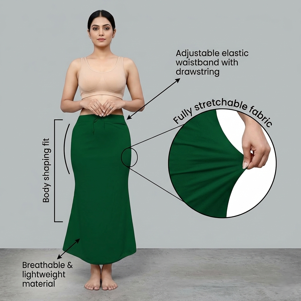 Premium Women’s Saree Petticoat Mermaid Fit Shapewear with Drawstring (Green)