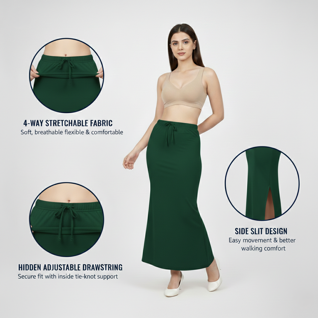 Premium Women’s Saree Petticoat Mermaid Fit Shapewear with Drawstring (Green)