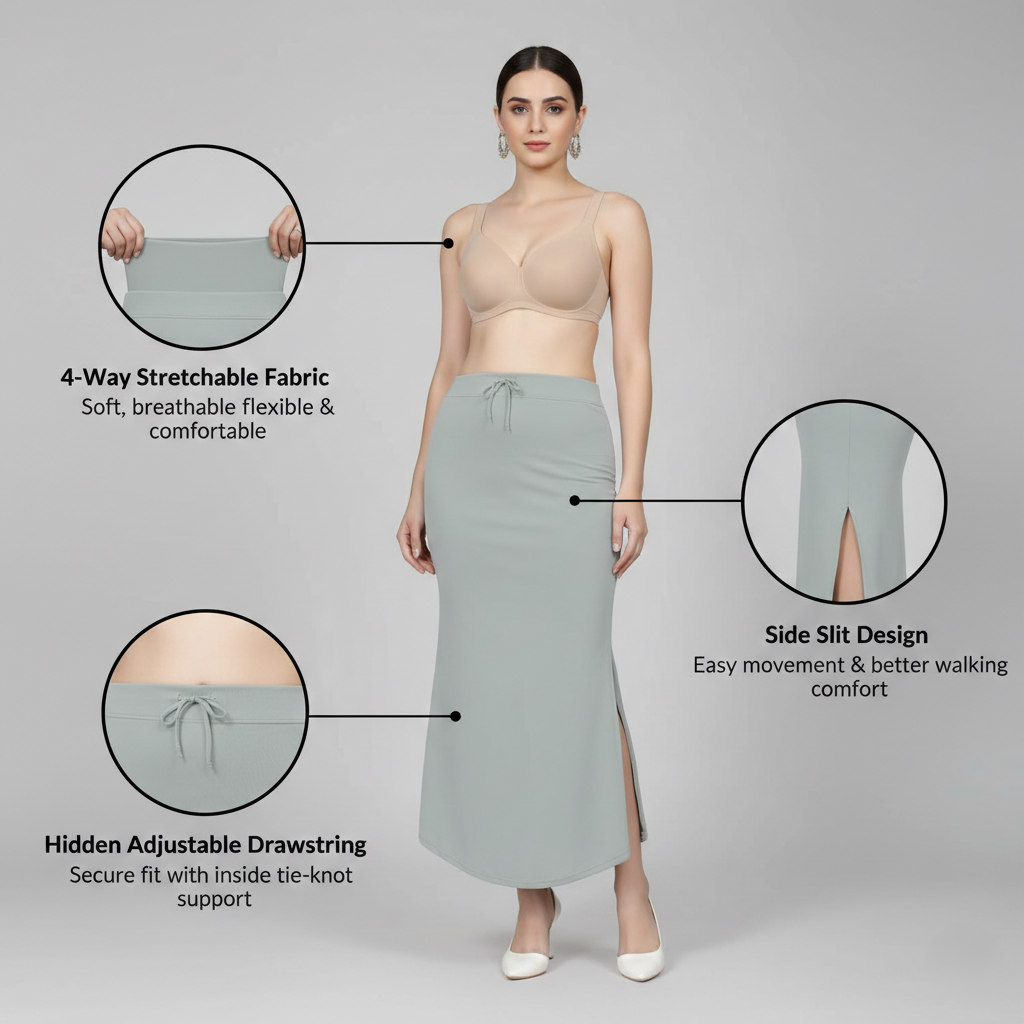 Premium Women’s Saree Petticoat Mermaid Fit Shapewear with Drawstring (Grey)