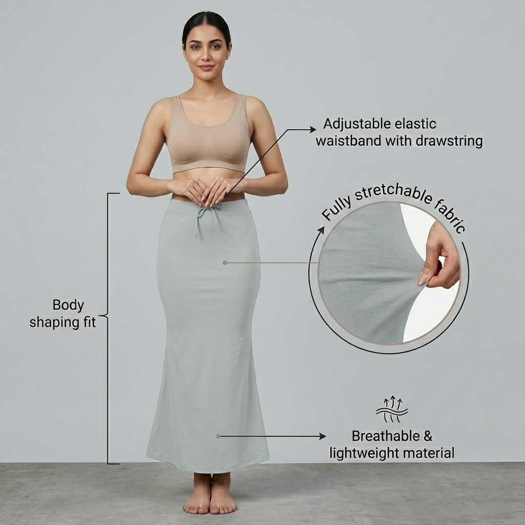 Premium Women’s Saree Petticoat Mermaid Fit Shapewear with Drawstring (Grey)