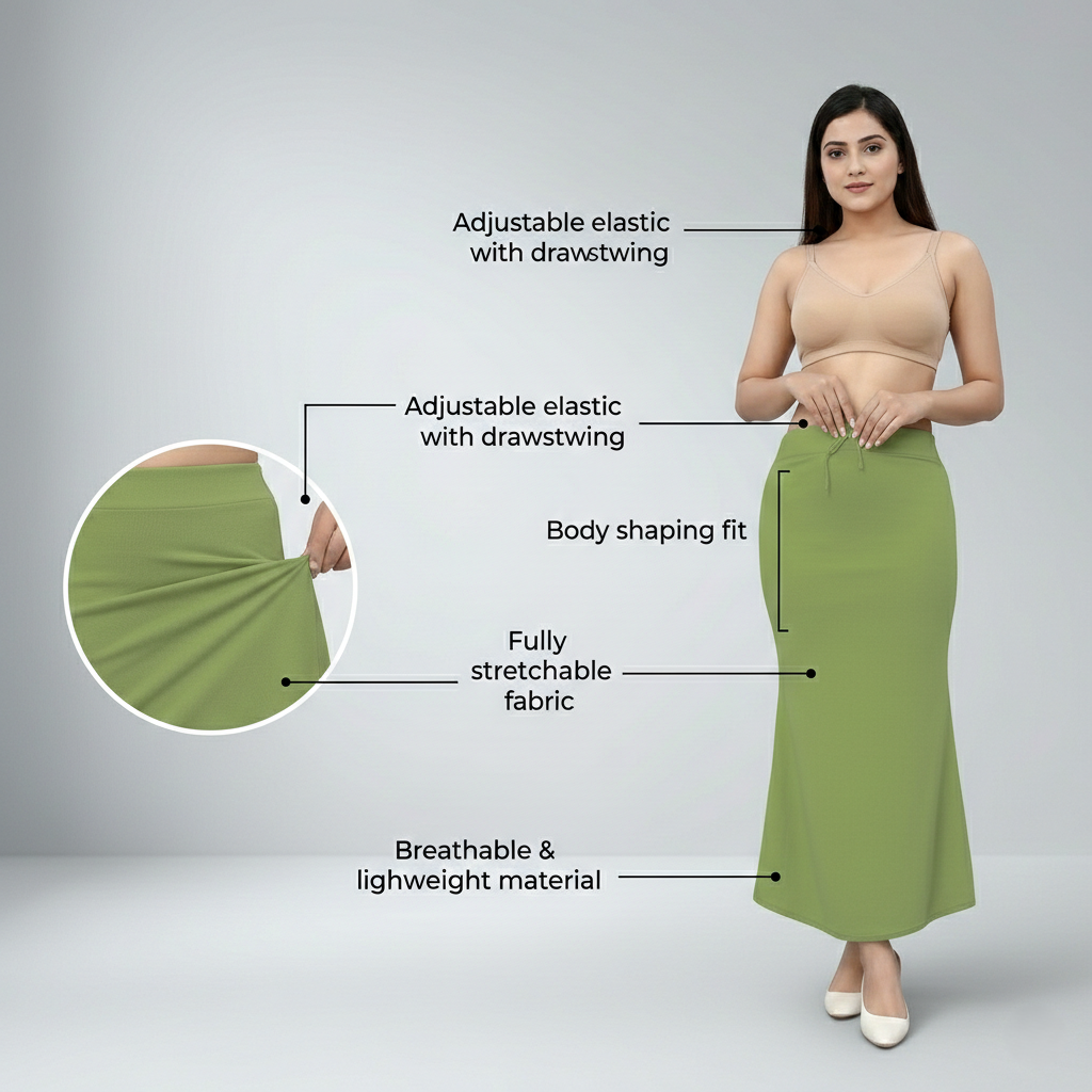 Premium Women’s Saree Petticoat Mermaid Fit Shapewear with Drawstring (Light Green)