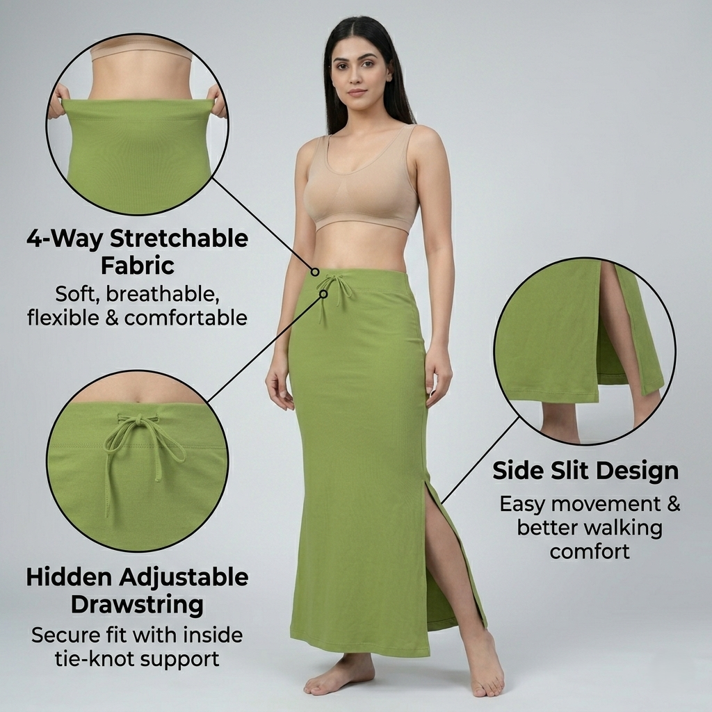 Premium Women’s Saree Petticoat Mermaid Fit Shapewear with Drawstring (Light Green)