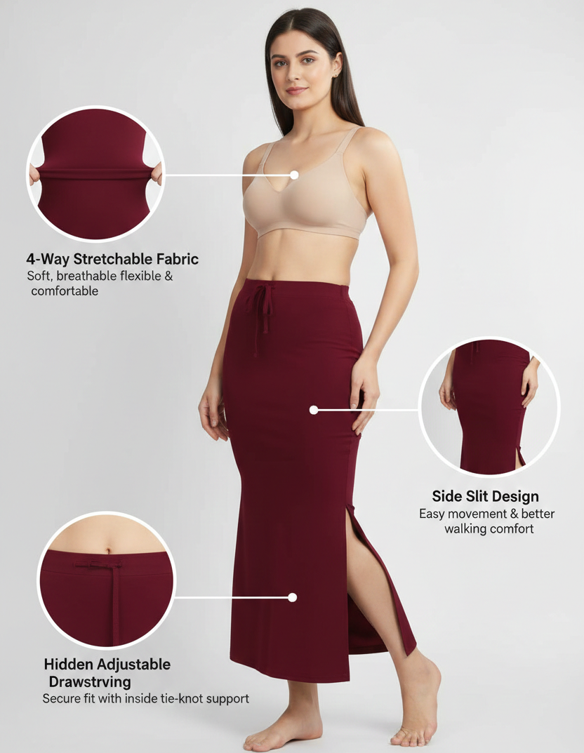Premium Women’s Saree Petticoat Mermaid Fit Shapewear with Drawstring (Maroon)