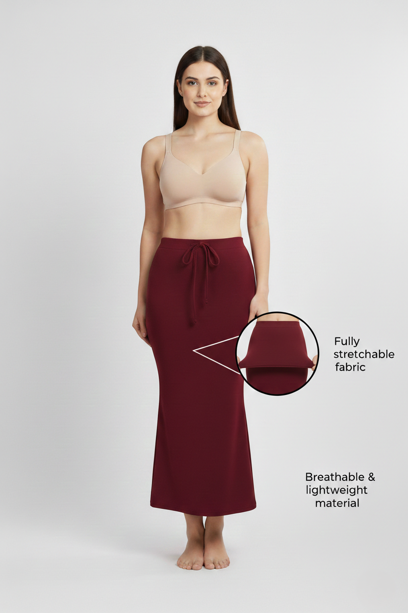 Premium Women’s Saree Petticoat Mermaid Fit Shapewear with Drawstring (Maroon)