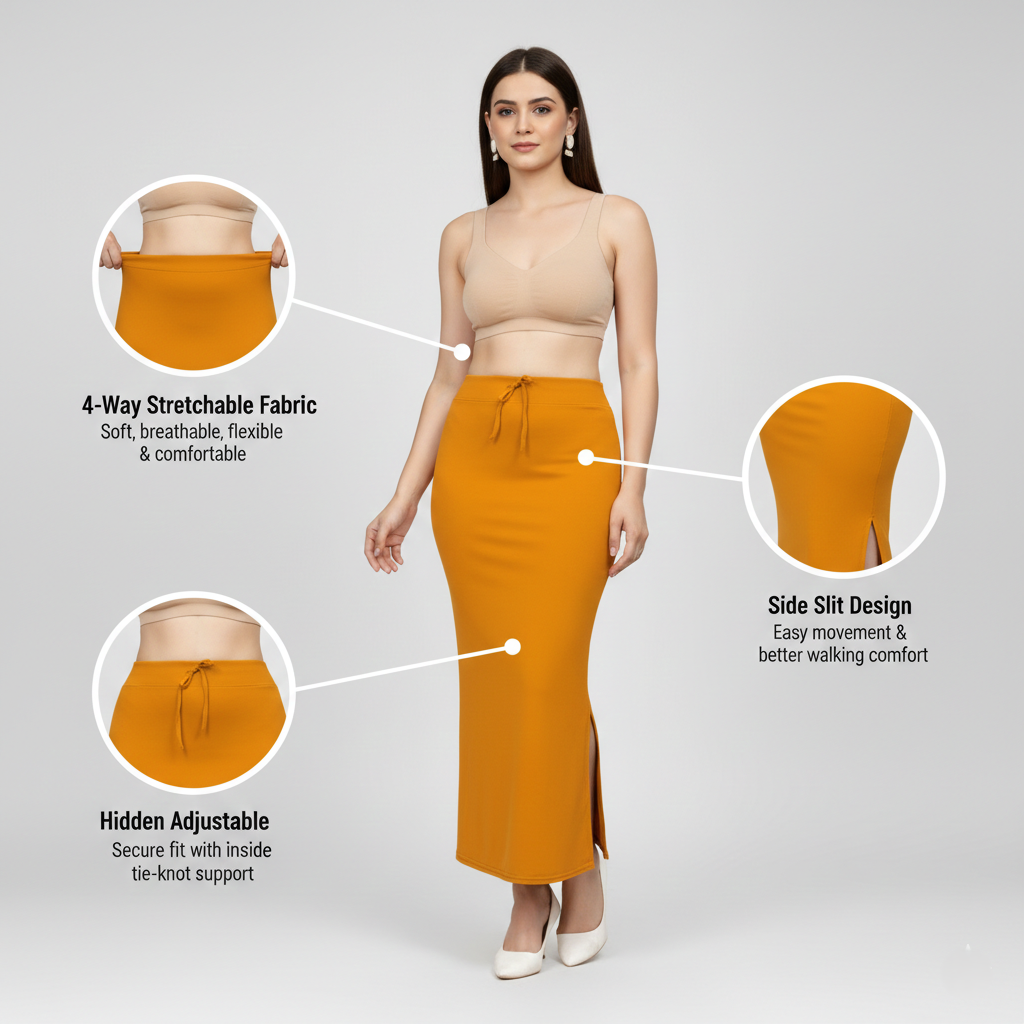 Premium Women’s Saree Petticoat Mermaid Fit Shapewear with Drawstring (Mustard)