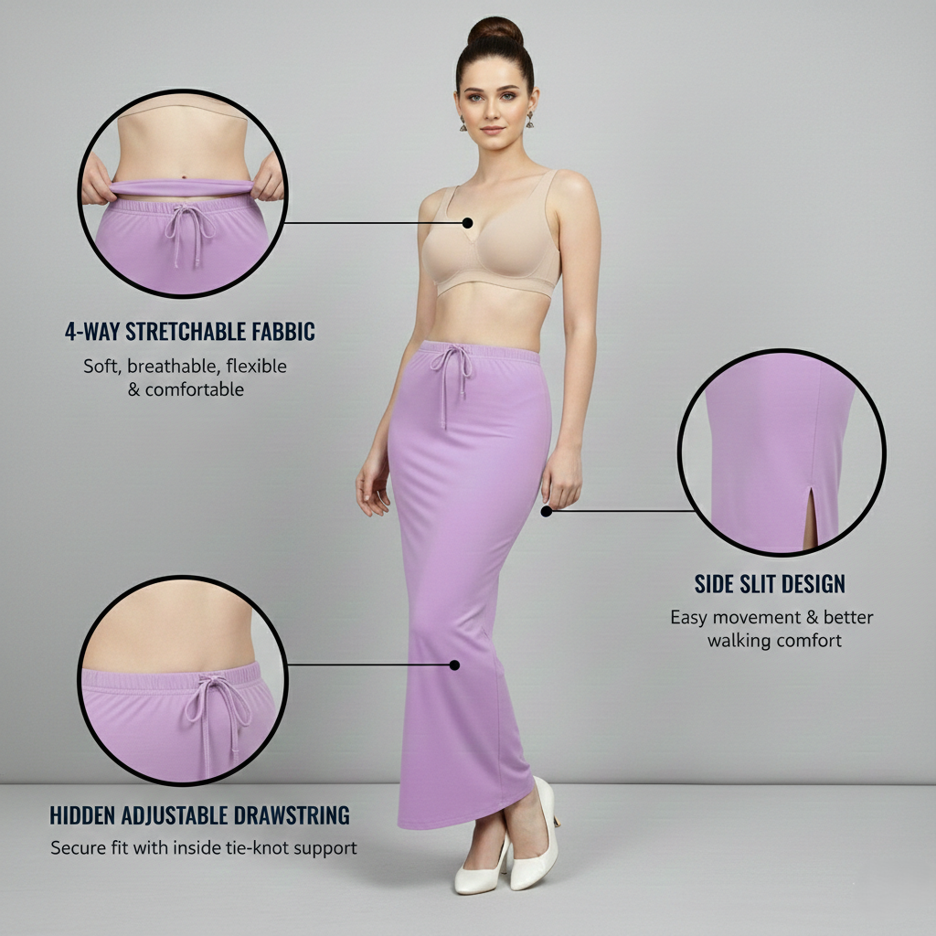 Premium Women’s Saree Petticoat Mermaid Fit Shapewear with Drawstring (Purple)