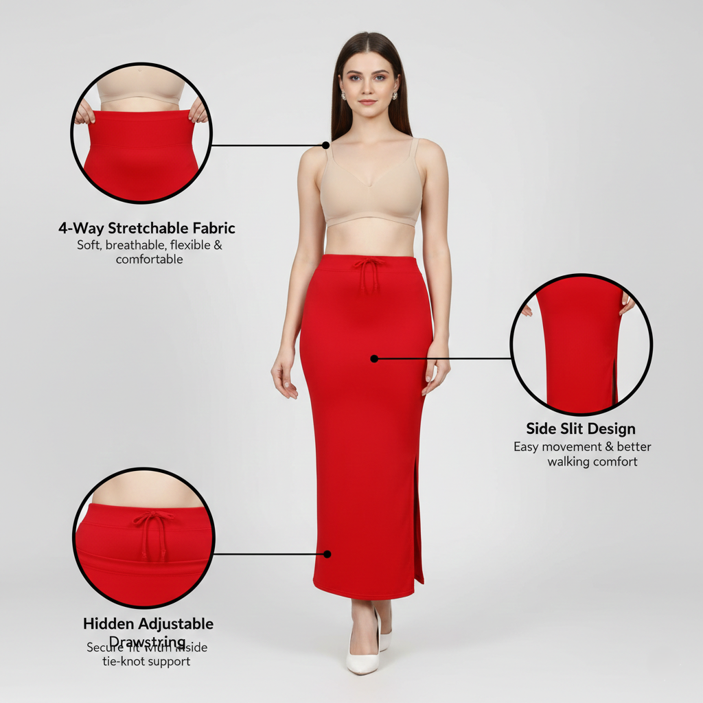 Premium Women’s Saree Petticoat Mermaid Fit Shapewear with Drawstring (Red)