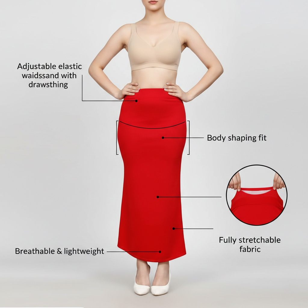 Premium Women’s Saree Petticoat Mermaid Fit Shapewear with Drawstring (Red)