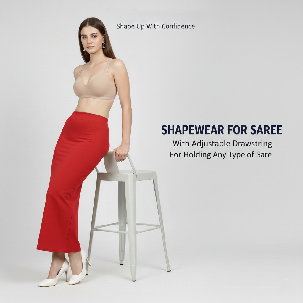 Premium Women’s Saree Petticoat Mermaid Fit Shapewear with Drawstring (Red)