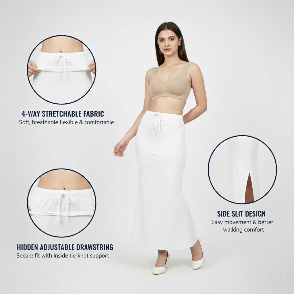Premium Women’s Saree Petticoat Mermaid Fit Shapewear  with Drawstring (White)