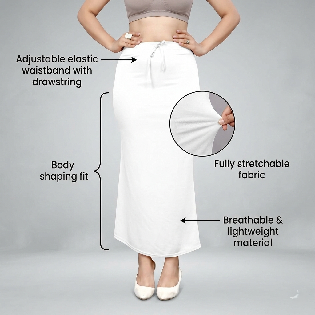 Premium Women’s Saree Petticoat Mermaid Fit Shapewear  with Drawstring (White)